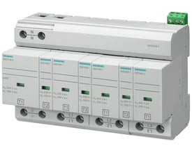 Siemens 5SD7 T1+2 overspændingsafleder med 4 poler og 3+1 kredsløb på en hvid baggrund.