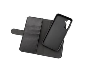 Samsung Galaxy A25 5G PU wallet åben, viser interiøret med kortholdere og aftageligt cover på hvid baggrund.