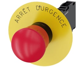 Siemens rødt nødstop med 40 mm diameter og gul bagplade med teksten 'Arrêt d'urgence', 1 NO/1 NC kontakt.