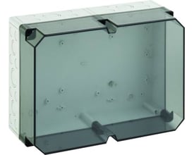 Spelsberg TK PS 3625-16-TM kasse med grå bund og transparent låg, 361 x 254 x 165 mm. Synlige monteringspunkter indeni.