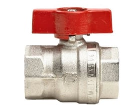 GRAMETA kuglehane 1/2" muffe/muffe i messing med rødt T-greb og en byggelængde på 47 mm, PN 25.