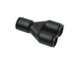 Parker Legris Y-stykke til 6 mm rør, fremstillet af sort teknisk polymer, vist på hvid baggrund.