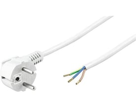 Hvid tilledning 3G1,0 med vinklet Schuko stikprop i den ene ende og afisolerede ledere i den anden ende, 2 meter lang.