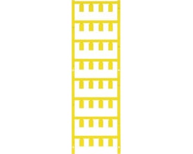 Weidmüller SlimFix ledningsmærker i gul farve, monteret på række og klar til brug på hvid baggrund.