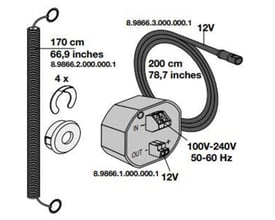 Illustration af Laufen LIS elektronisk kontrol med dimensioner og tilslutningsdetaljer. Viser 100V-240V input og 12V output.