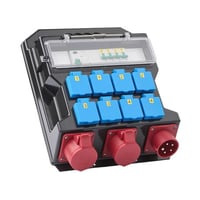 Byggepladstavle 16A 1x16A 5 Polet CEE indtag, 1x16A 5 Polet CEE stik, 1x16A afsikret CEE stik, 8x16A 230V Stik med dansk jord - IP44