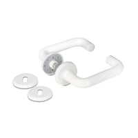 U-formet dørgreb i hvid med 6 mm click roset. Til indvendige døre. Inkl. nøgleskilte (Ø52 mm), skruer og bøsninger til montering.