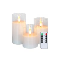LED bloklys st i glas med flammeeffekt, 3 stk - Inkl. fjernbetjening og timer, hjde 10/12,5/15 cm, gte stearin