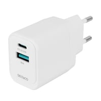 DELTACO - Strømforsyningsadapter - 20 Watt - PD - 2 output-stikforbindelser (USB, 24 pin USB-C) - hvid