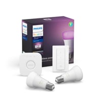 Se Philips Hue, startst 2xE27 Color & White Ambiance 9W BT/Zigbee komplet inkl. Hue Bridge & Hue Switch, A+ hos WATTOO.DK