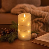 LED bloklys med lyskde og flammeeffekt, 15 cm hj, inkl. fjernbetjening, gte stearin, 7,5 cm