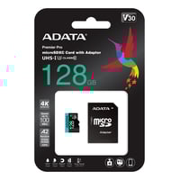 microSDXC hukommelseskort, 128GB, UHS-I Class 10, A2, V30, med adapter - ADATA Premier Pro