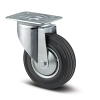 Tente drejeligt hjul, stlflg, sort massiv gummi, trdfang, 125 mm, 100 kg, rulleleje med plade, byggehjde 155 mm