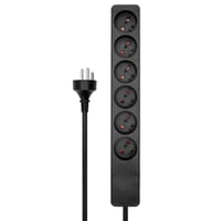 dansk stikdse med 6 udtag, sort, 1 meter kabel