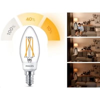 Oplev Philips SceneSwitch LED E14 kertepære, der revolutionerer dit belysningsmiljø med tre justerbare lysstyrker, som gør det nemt at tilpasse atmosfæren til enhver lejlighed. Uden behov for en dæmper kan du skifte lysstyrken blot ved at bruge din almindelige afbryder. Denne smarte pære giver varme nuancer, der skaber hygge i hjemmet, samtidig med at den sparer energi. Pæren er ideel til stuen, soveværelset eller spiseområdet.

- Tre lysstyrker fra én pære
- Dæmpbar via almindelig afbryder
- Energieffektiv LED-teknologi
- Hurtig og nem installation
- Varmt, behageligt lys
- Perfekt til enhver indretning