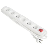 Stikdse med 6 runde udtag, jord, afbryder, 1,5 meter, hvid