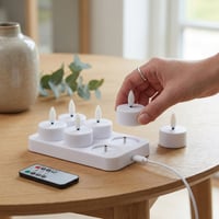 6-pak LED fyrfadslys, hvid, inkl. ladebase, fjernbetjening og timer