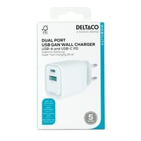 Deltaco USB GaN Wall Charger PD 35W | 1x USB-A | 1x USB-C | PPS + Samsung SFC 25W | White