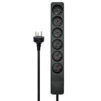 Dansk stikdåse, 6 udtag, sort, med 5 meter EDB-kabel