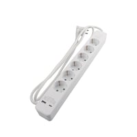 Stikdse 6 udtag Schuko, m/2 x USB, 1,5 meter, hvid