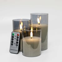 LED bloklys st i grtonet glas med flammeeffekt, 7,5 cm, 3 stk - Inkl. fjernbetjening, timer, hjde 10/12,5/15 cm