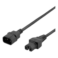 DELTACO 2m earthed cable IEC 6320 C15 - IEC 6320 C14, 250V/10A, sort