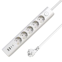 5-vejs USB Schuko stikdse, med afbryder, 1,5 meter ledning, hvid