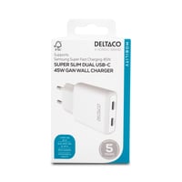 USB-C wall charger 45 W, 2x USB-C PD, slim, tot 45 W, white