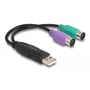 Nærbillede af Delock USB til PS/2 adapteren med sort USB-stik og lilla tastatur samt grøn mus-stik.