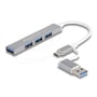 DeLock 4-port slim USB-hub set skråt med USB-C-stik og USB-A-adapter på det hvide kabel.