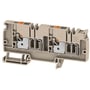 Weidmüller beige distributionsklemme med 2 orange 6mm² push-in tilslutninger og metalindlæg, med synlig monteringstype.