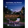 Govee Outdoor Solar String Lights lyser i flere farver og varmt hvidt over en haveterrasse ved skumring.