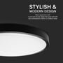 Close-up af V-TAC 18W LED Dome lys, der fremhæver dens stilrene sorte ramme og moderne design.