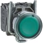 Schneider Electric Harmony Style 4 grønt lampetryk med 22mm diameter og kromfront på isoleret baggrund.