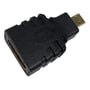 Deltaco sort HDMI-adapter set tæt på skråt forfra, med synlig HDMI-hunport og guldfarvet mikro-HDMI-stik.