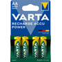 Emballagen til Varta genopladelige AA-batterier på 2600 mAh viser fire grøn-gule batterier under produktets blå mærkefelt.