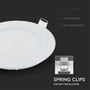 V-TAC LED panel med synlige fjederclips til nem installation, og tekst der fremhæver 'EASY TO INSTALL' og 'SPRING CLIPS'.
