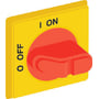 ABB drejegreb i rød og gul til tavlefrontmontage, viser "I ON" og "O OFF" markeringer tydeligt.
