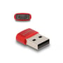 Oversigtsbillede af DeLock USB 2.0 adapter i rød, viser både USB Type-A han og USB Type-C hun porte med fokus på detaljer.