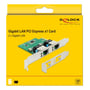 Den gule emballage til DeLock 2x Gigabit LAN PCIe-kort viser kortet med to netværksporte og lavprofilbeslag.