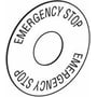 Schneider Electric skilt med "Emergency Stop" mærkning, ø45 mm i diameter, sort tekst på hvid baggrund.