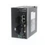 Detaljeret billede af Omron G5 Series servodrev, R88D-KN08H-ECT, viser EtherCAT-porte, stik og modelinformation.