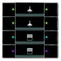 ABB KNX betjeningselement i mørkt design med 8 funktionelle tryk og lysende LED-indikatorer i forskellige farver.