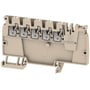 Weidmüller Push-in distributionsklemme i beige med 5 hvide 2,5mm² tilslutninger, vist fra siden med synlig push-in mekanisme.