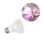 Kobi PLANTY LED-grolyspære set skråt med synlig E27-sokkel; en aloe får lilla lys fra pæren.