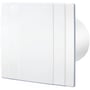 Lindab ventilator ASF100TH, en hvid, firkantet badeværelsesventilator med en rund udgang på siden, vist fra siden.