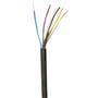 Sort H05 VV-F 5G1,50 plastkappeledning med fem farvede ledere (brun, sort, grå, gul/grøn, blå) synlige for enden.