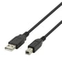 Det sorte Deltaco USB-B 2.0-kabel ses skråt med USB-A- og USB-B-stik tæt på.