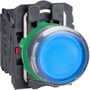 Schneider Electric lampetryk XB5AW36B5 med blå LED, 24V og 1NO-1NC kontakter, vist med front og bagside.
