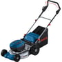 Bosch GRA 18V2-46 Professional plæneklipper med BITURBO motor, klippedæk i metal og græspose på hvid baggrund.